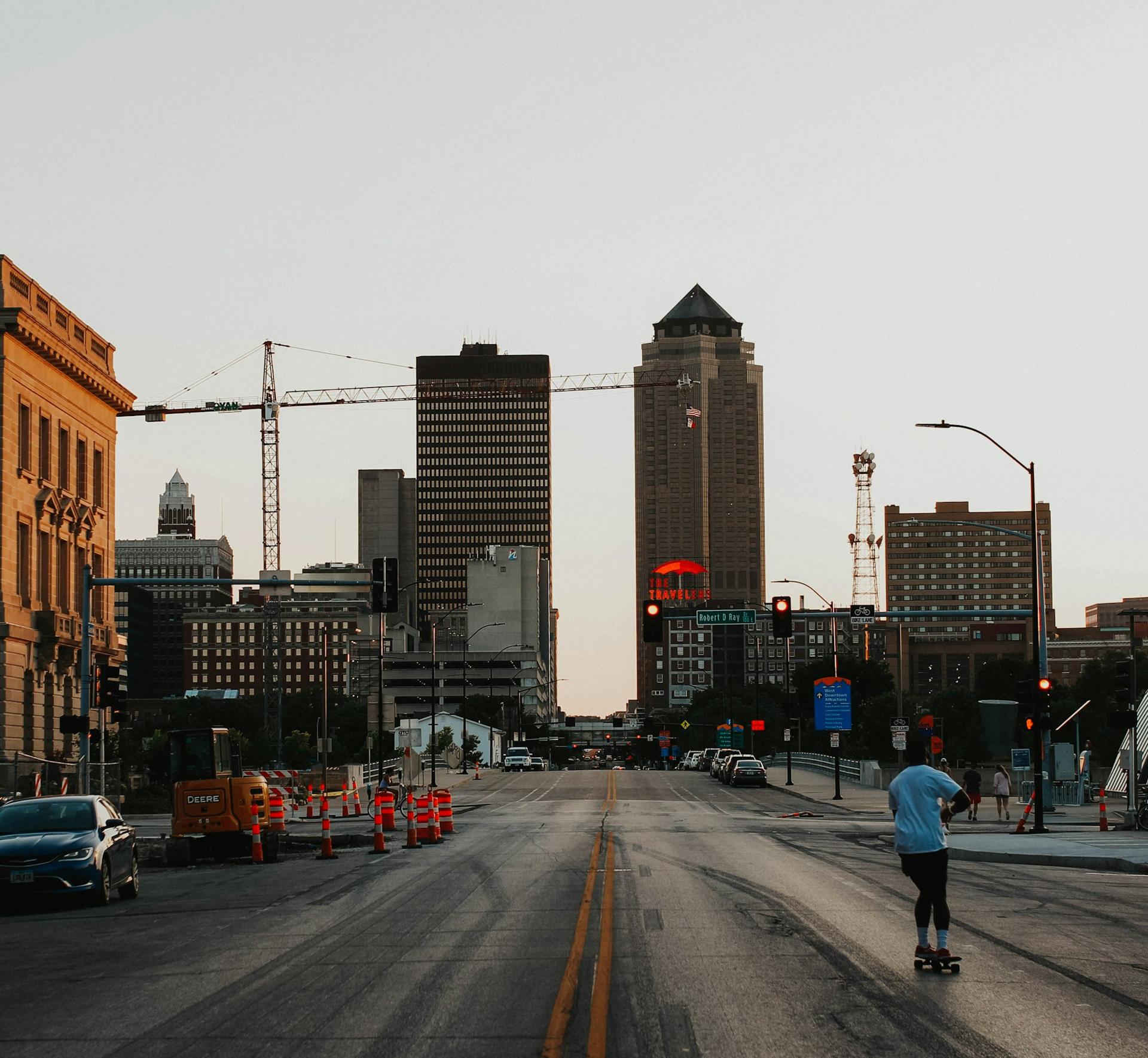 A downtown street at dusk